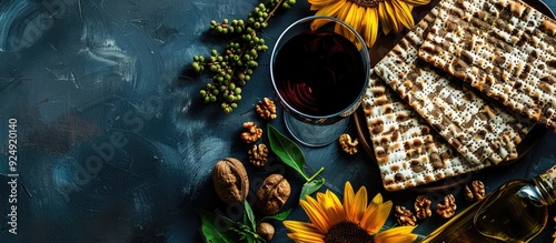 Jewish Passover Pesah celebration includes matzoh red wine sunflowers walnuts and festive text can be added to the upper part of the copy space image photo