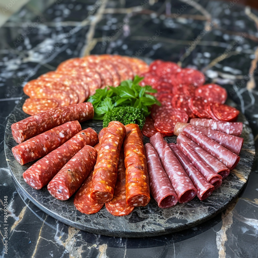 Smoked delicacies salami sausages fillets on a marble stone board Smoked delicacies salami sausages fillets on a marble stone board