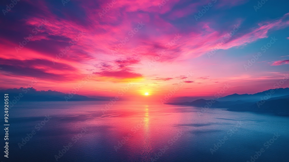 Obraz premium Colorful sunset illuminating calm ocean with mountains on the horizon