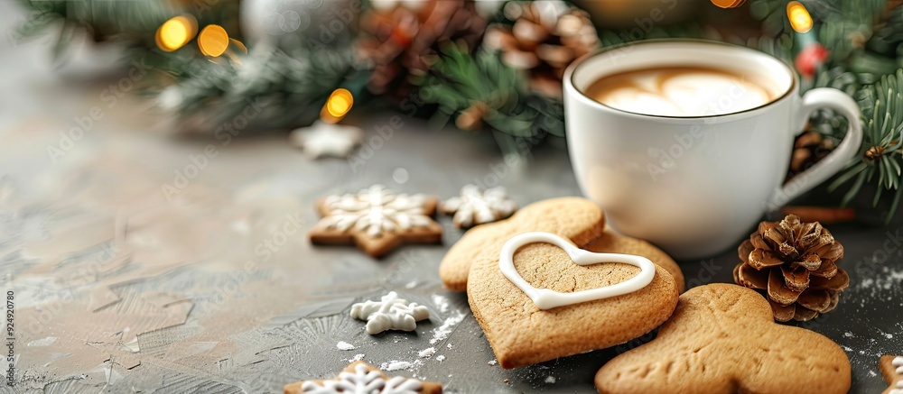 Heart shaped cookies with Christmas decorations and a cup of coffee on a table set against a festive background with a copy space image Heart shaped cookies with Christmas decorations and a cup of coffee on a table set against a festive background with a copy space image