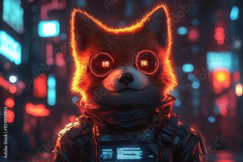 animestyle shiba inu as a cryptocurrency superhero neon accents on futuristic costume holographic hud displays cyberpunk cityscape backdrop with blockchain motifs photo