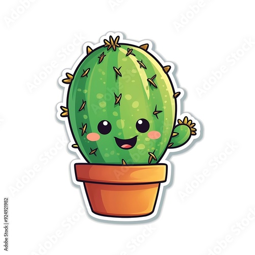 Cute cartoon cactus in a terracotta pot with a smiling face, bright green color, and playful details