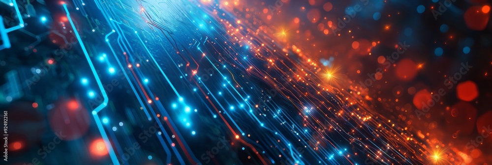 A vibrant and dynamic digital circuit in orange and blue tones, adorned with sparks of light, representing innovation and technological advancement. A vibrant and dynamic digital circuit in orange and blue tones, adorned with sparks of light, representing innovation and technological advancement.