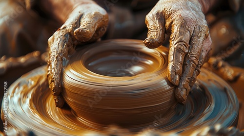 Sculptor Hands Shaping Clay, Close-up of hands gently shaping a clay pot on a spinning wheel, the texture of the clay visible under the pressure of the fingers. Generative AI.