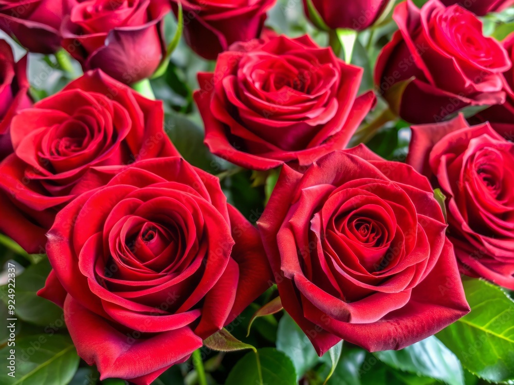 Vibrant red roses, velvety soft petals, and delicate green stems, showcased in a stunning close-up arrangement, exuding luxury, romance, and timeless elegance. Vibrant red roses, velvety soft petals, and delicate green stems, showcased in a stunning close-up arrangement, exuding luxury, romance, and timeless elegance.