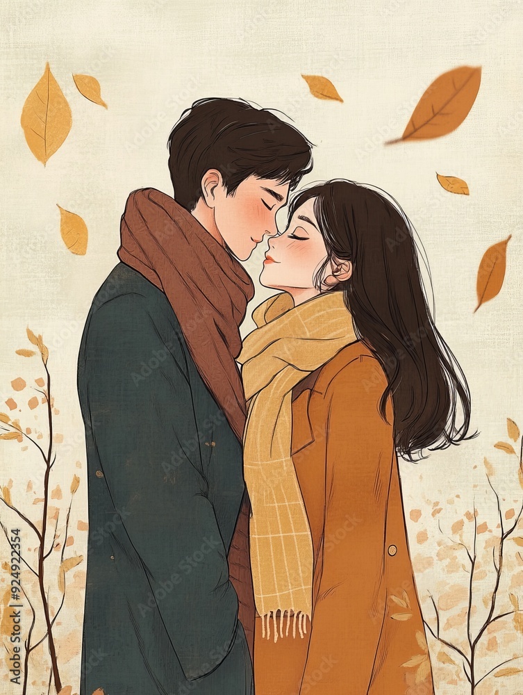 Illustration of couple, falling in love, warm scene atmosphere Illustration of couple, falling in love, warm scene atmosphere