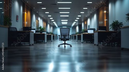 An empty office with rows of vacant desks, only a single chair facing away. Emptiness and inactivity reflect a worker shortage and economic downturn.
