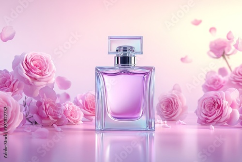 A luxurious perfume bottle filled with light purple liquid, surrounded by pink roses and falling petals