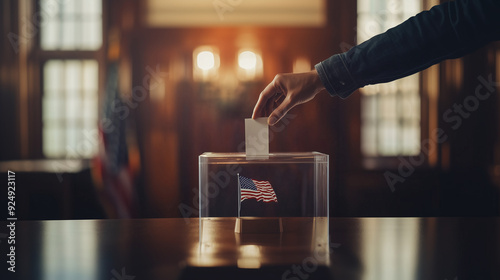 A voter's hand drops a ballot into a clear box with the American flag faintly visible. Emphasizes transparency and trust in the US electoral process. 