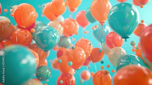 Glorious Coral, Orange and Turquoise Balloons Rising in the Air, Youthful, Carnival Wallpaper