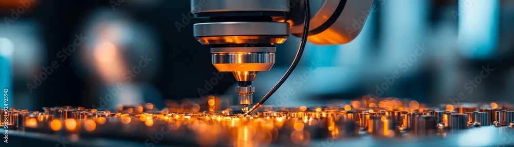 Close-up of a CNC machine engraving metal with precision. Sparks fly as the tool cuts through the material in a high-tech workshop. Close-up of a CNC machine engraving metal with precision. Sparks fly as the tool cuts through the material in a high-tech workshop.