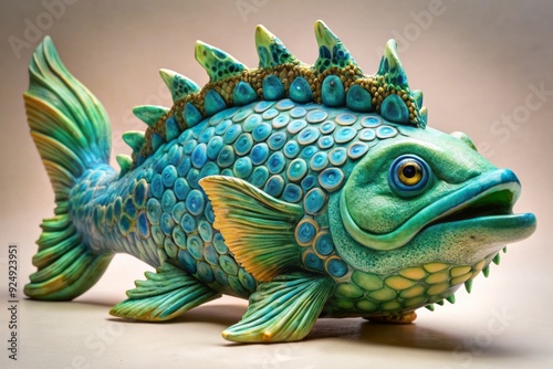 Vibrant blue and green ceramic sculpture of an abstracted marine animal, with intricately textured scales and flowing, organic forms, against a neutral background.