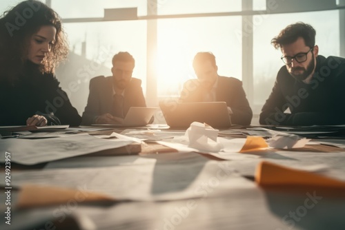 Engaging Financial Planning Session Enhances Team Collaboration Amidst a Warm Sunset Glow for Effective Strategy Development photo