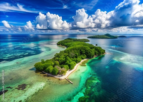 Breathtaking aerial view of Tanjung Gelam beach, Karimunjawa Island, Central Java, Indonesia, featuring a picturesque island surrounded by vibrant blue waters and a serene cloudy sky. photo