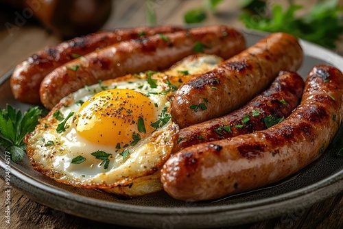 artfully plated international breakfast golden fried eggs nestle beside plump sausages fresh herbs garnish warm morning light across rustic wooden table