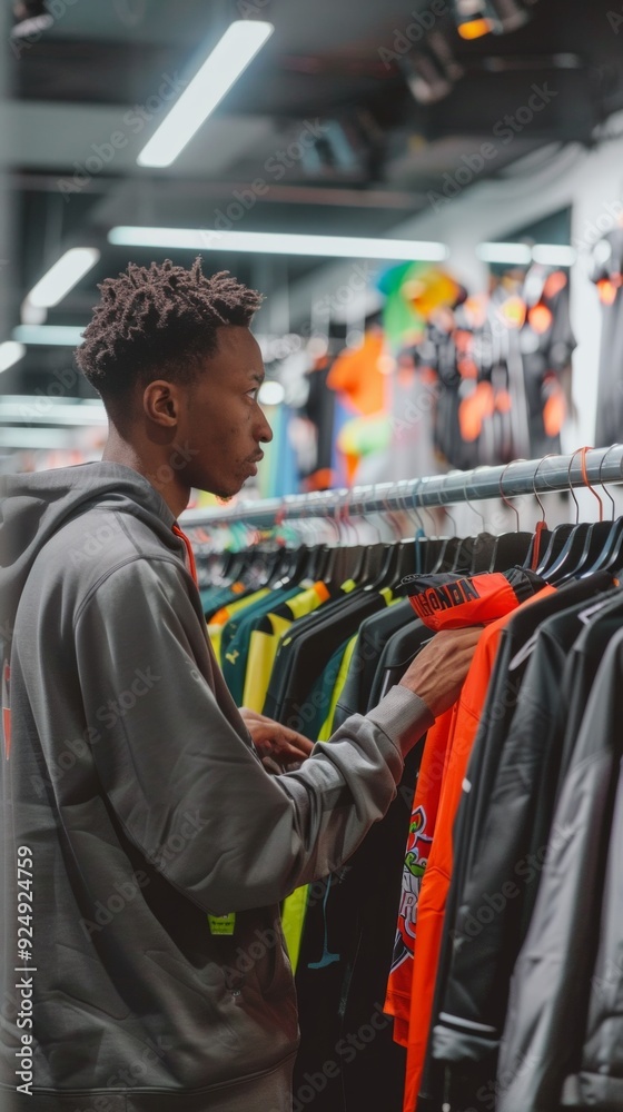 Fototapeta premium A black man in a large retail shop looks at a bright orange t-shirt. The shop is filled with colourful clothes, creating a lively shopping atmosphere.