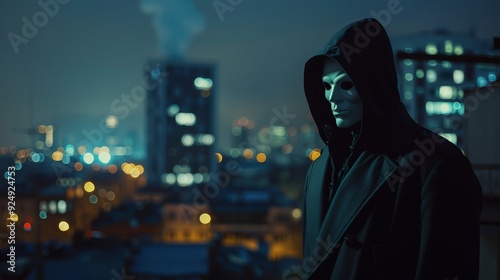 A cloaked figure observes the illuminated urban landscape from a rooftop