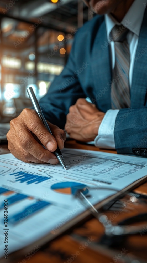 A focused businessman in a suit analyzes a graph on a clipboard with colleagues nearby. Coffee cup adds a casual touch to the serious business setting. Background blurred. A focused businessman in a suit analyzes a graph on a clipboard with colleagues nearby. Coffee cup adds a casual touch to the serious business setting. Background blurred.