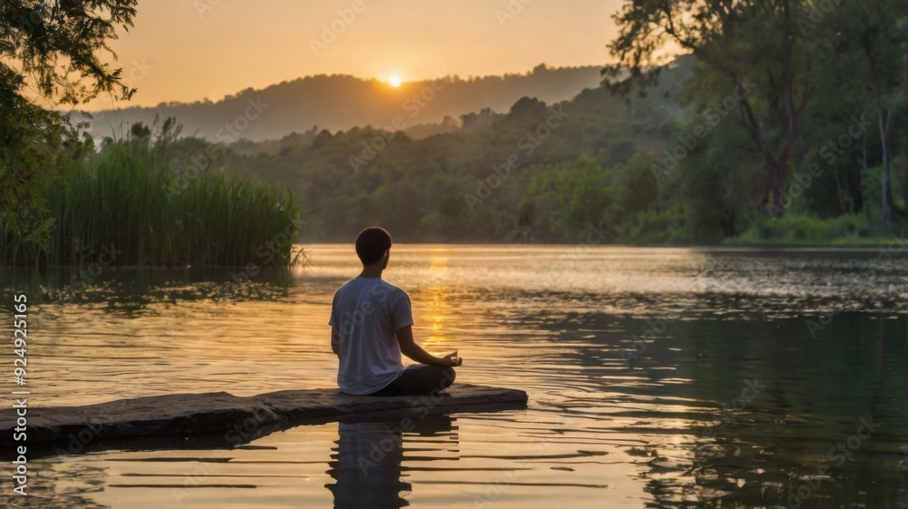 A peaceful scene of a person meditating by a serene lake at sunrise, with soft light reflecting off the water A peaceful scene of a person meditating by a serene lake at sunrise, with soft light reflecting off the water