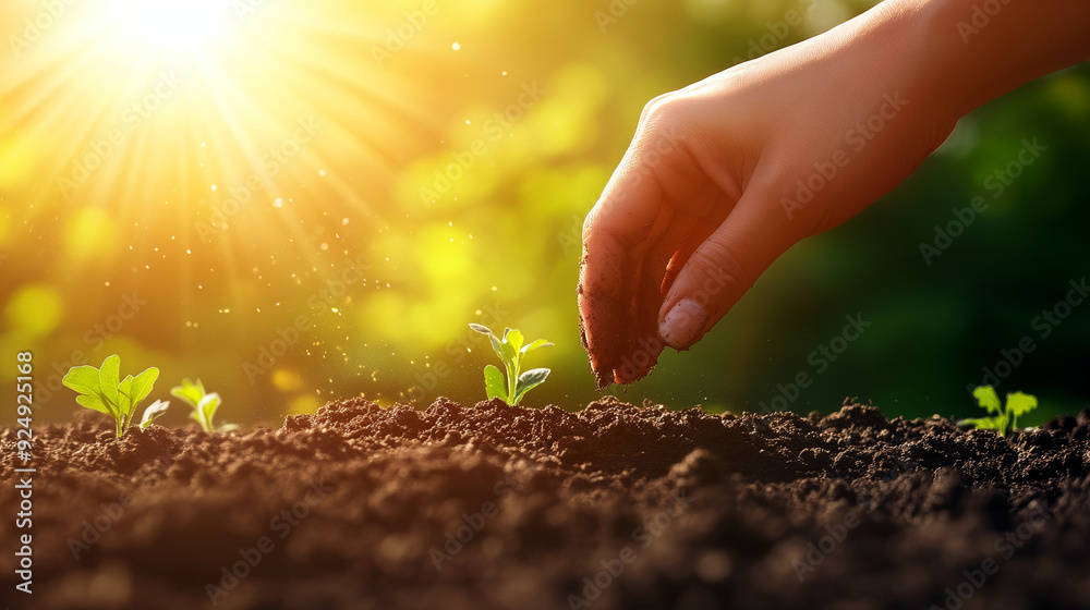 Fototapeta premium Sunlit close-up of a farmer’s hand cradling a seed in rich soil, embodying the essence of sustainable agriculture and food production.
