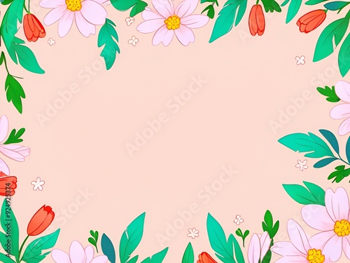 Floral Frame, a beautiful pink background with a floral border of pink flowers and green leaves