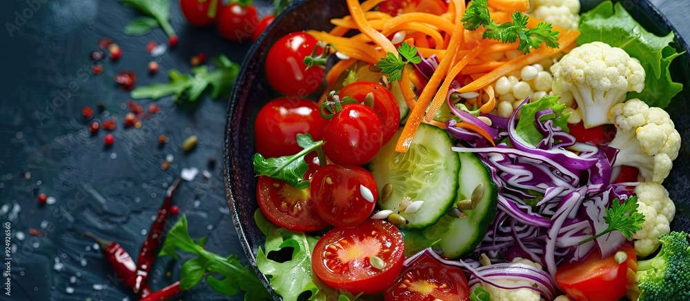 Vegetable salad featuring tomatoes carrots cauliflower and bell peppers with a sauce Healthy food option Keto diet Copy space Vegetable salad featuring tomatoes carrots cauliflower and bell peppers with a sauce Healthy food option Keto diet Copy space
