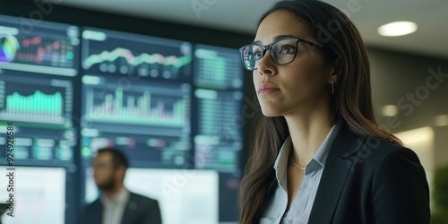 Focused woman in business suit in trading environment