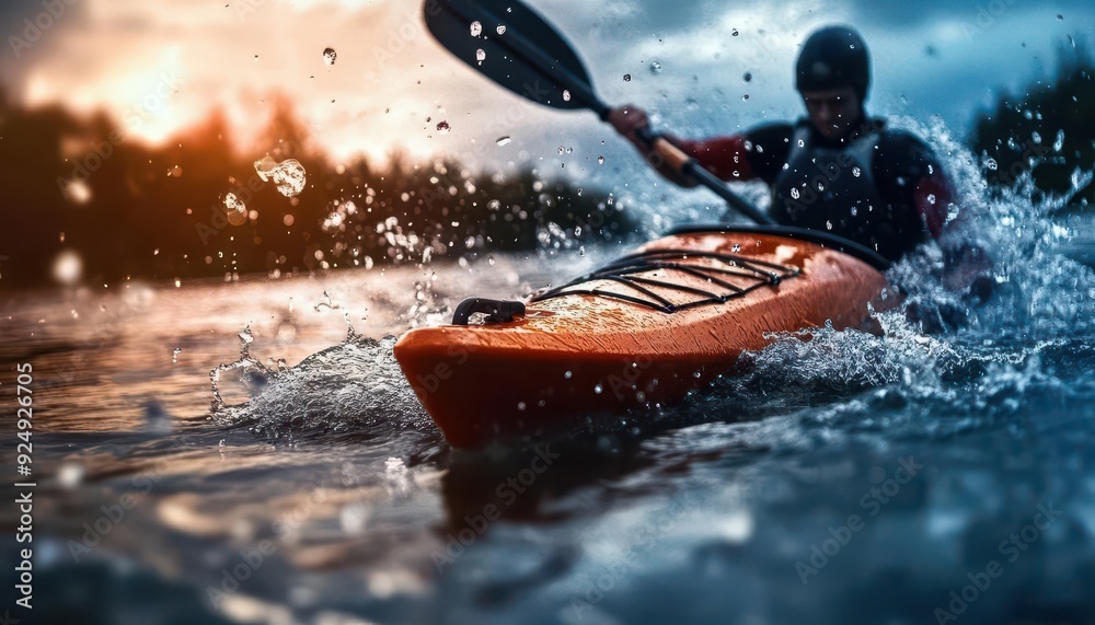 Fototapeta premium Kayaking through rapids, vibrant waterways, dynamic action, water sports