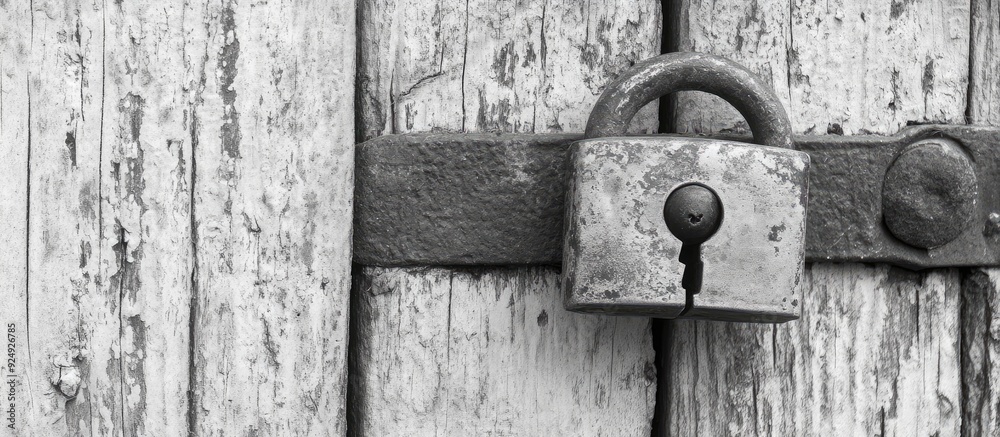 A rusty padlock on an aged painted wooden gate Black and white. with copy space image. Place for adding text or design A rusty padlock on an aged painted wooden gate Black and white. with copy space image. Place for adding text or design
