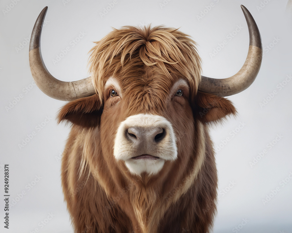 Adorable Fluffy brown Cow headshot portrait, isolated white background