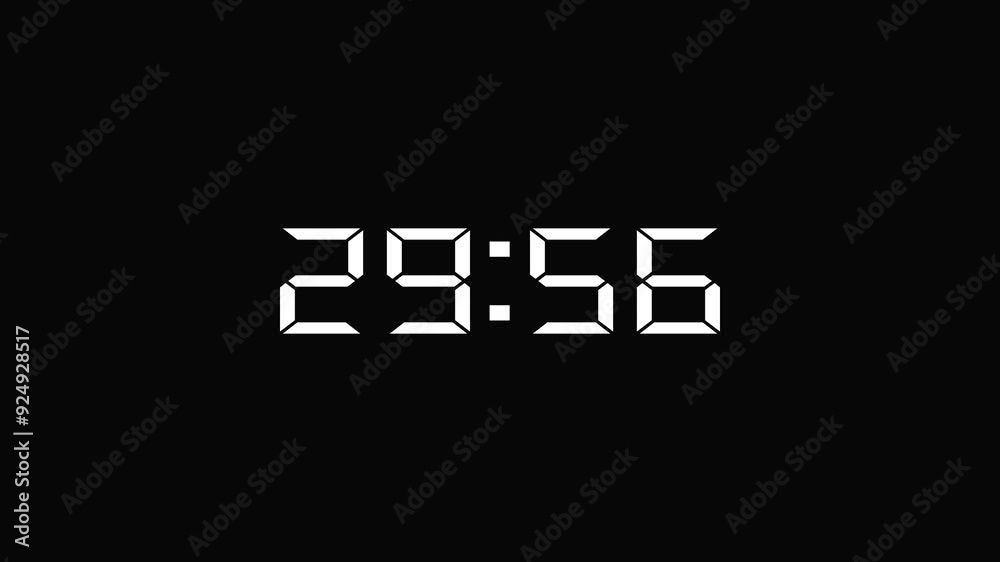 30 minutes countdown timer, digital clock on black