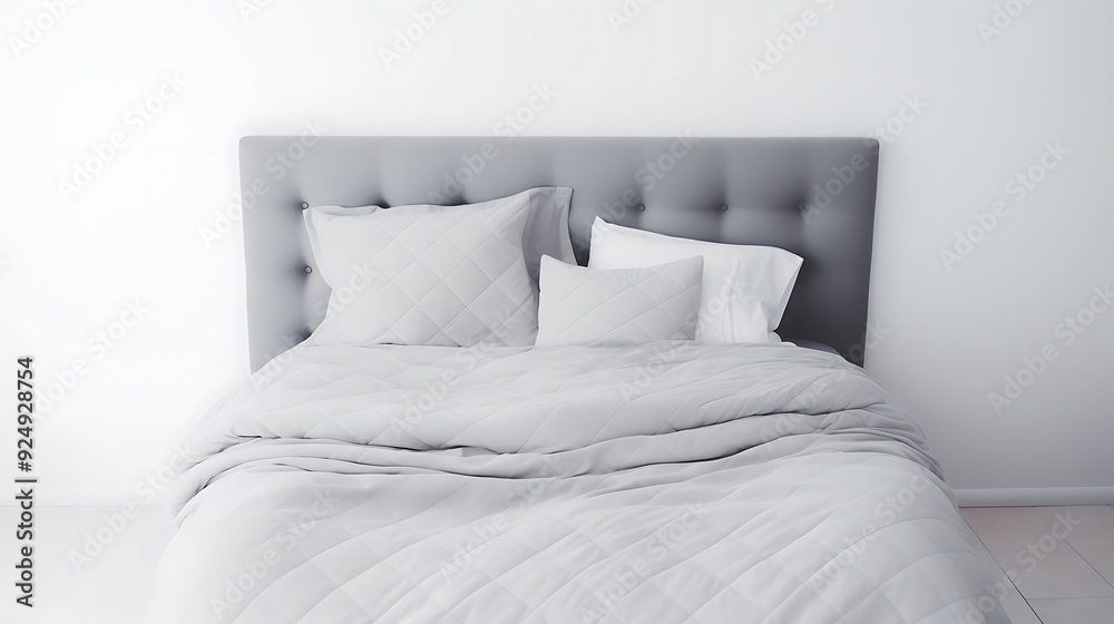 High-angle view of a neatly made gray bed on a pure white bedspread High-angle view of a neatly made gray bed on a pure white bedspread