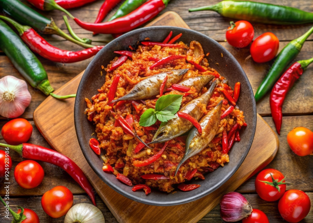 Vibrant top-view image of spicy fried chili sauce with shredded skipjack tuna fish, shallots, and red chilies, capturing the essence of traditional Indonesian cuisine. Vibrant top-view image of spicy fried chili sauce with shredded skipjack tuna fish, shallots, and red chilies, capturing the essence of traditional Indonesian cuisine.