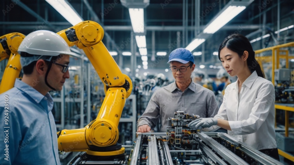 A humanoid robot and a human engineer working side by side on a high-tech assembly line in a modern factory A humanoid robot and a human engineer working side by side on a high-tech assembly line in a modern factory