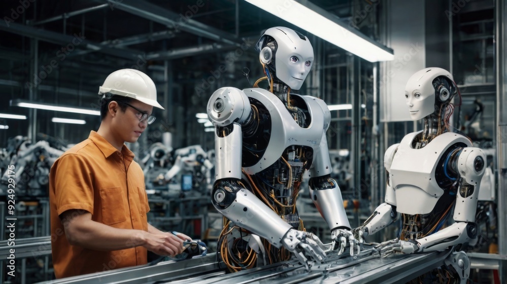 A humanoid robot and a human engineer working side by side on a high-tech assembly line in a modern factory A humanoid robot and a human engineer working side by side on a high-tech assembly line in a modern factory