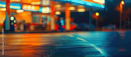 Fototapeta Naklejka Na Ścianę i Meble -  Blurred gas station at night Defocused gas station and convenience store in the evening Abstract blur of a petrol station background with copyspace Vintage filter effect