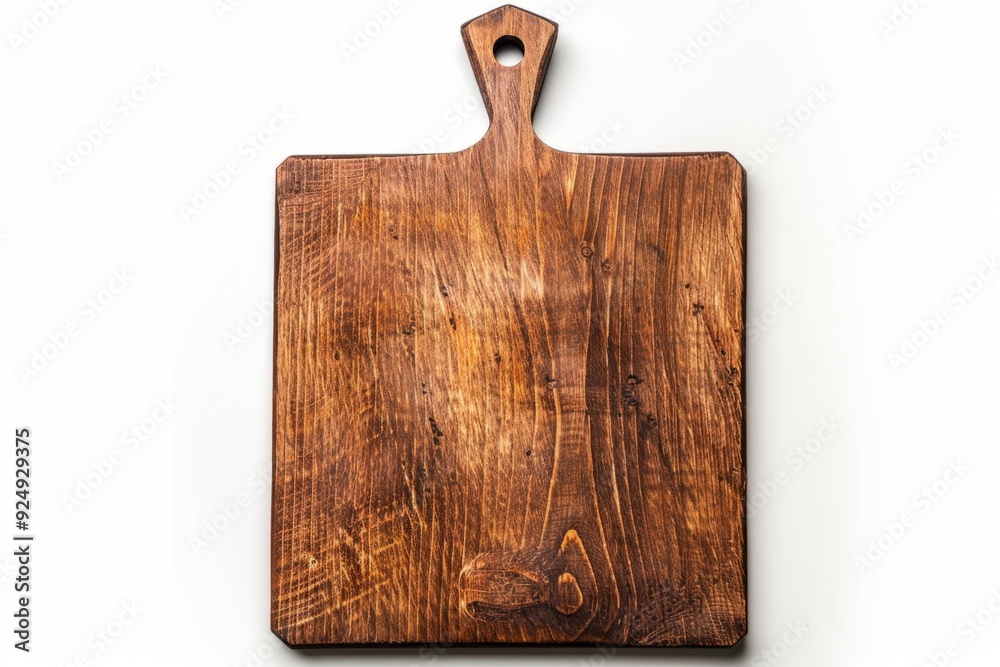 Fototapeta premium Wooden cutting board on a white background. Rustic style kitchen accessory. Ideal for chopping or serving. Conceptual home cooking. Perfect for food photos. Generative AI