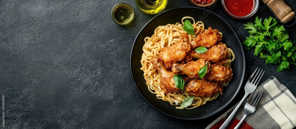 Chkemeruli a dish of noodles with fried chicken arranged on a dark plate alongside cutlery sauce olive oil and a kitchen towel Top view with copy space