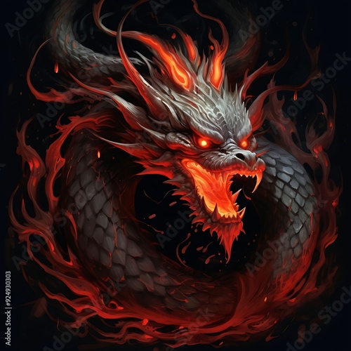 A fierce dragon encircled in flames with luminous eyes and sharp teeth, set against a dark background