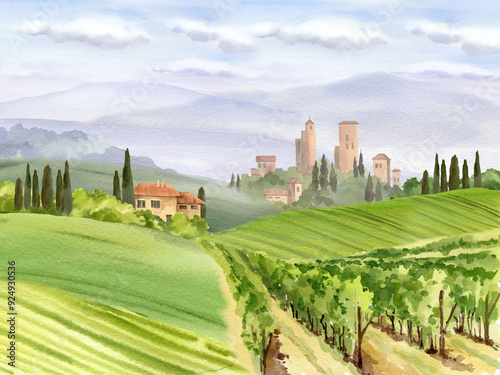 Watercolor Italy landscape with blue mountains, fields, vineyards, cypress trees, ancient towers, tiled roofs, rural houses, seamless border with Tuscany panorama, European view, for tourists card