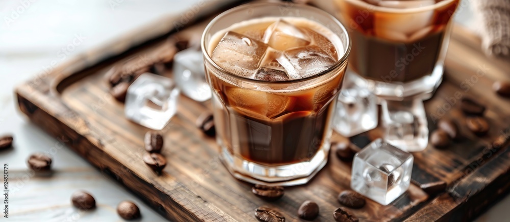 Iced coffee served in a glass with ice cubes on a wooden board against a white background. with copy space image. Place for adding text or design Iced coffee served in a glass with ice cubes on a wooden board against a white background. with copy space image. Place for adding text or design