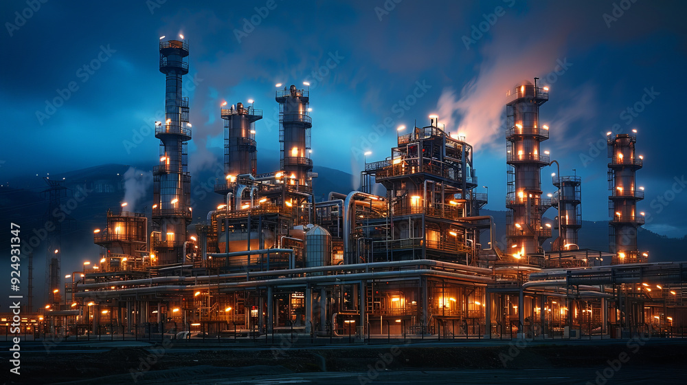 Fototapeta premium Industrial refinery with numerous chimneys bright lights night, emitting smoke during picturesque