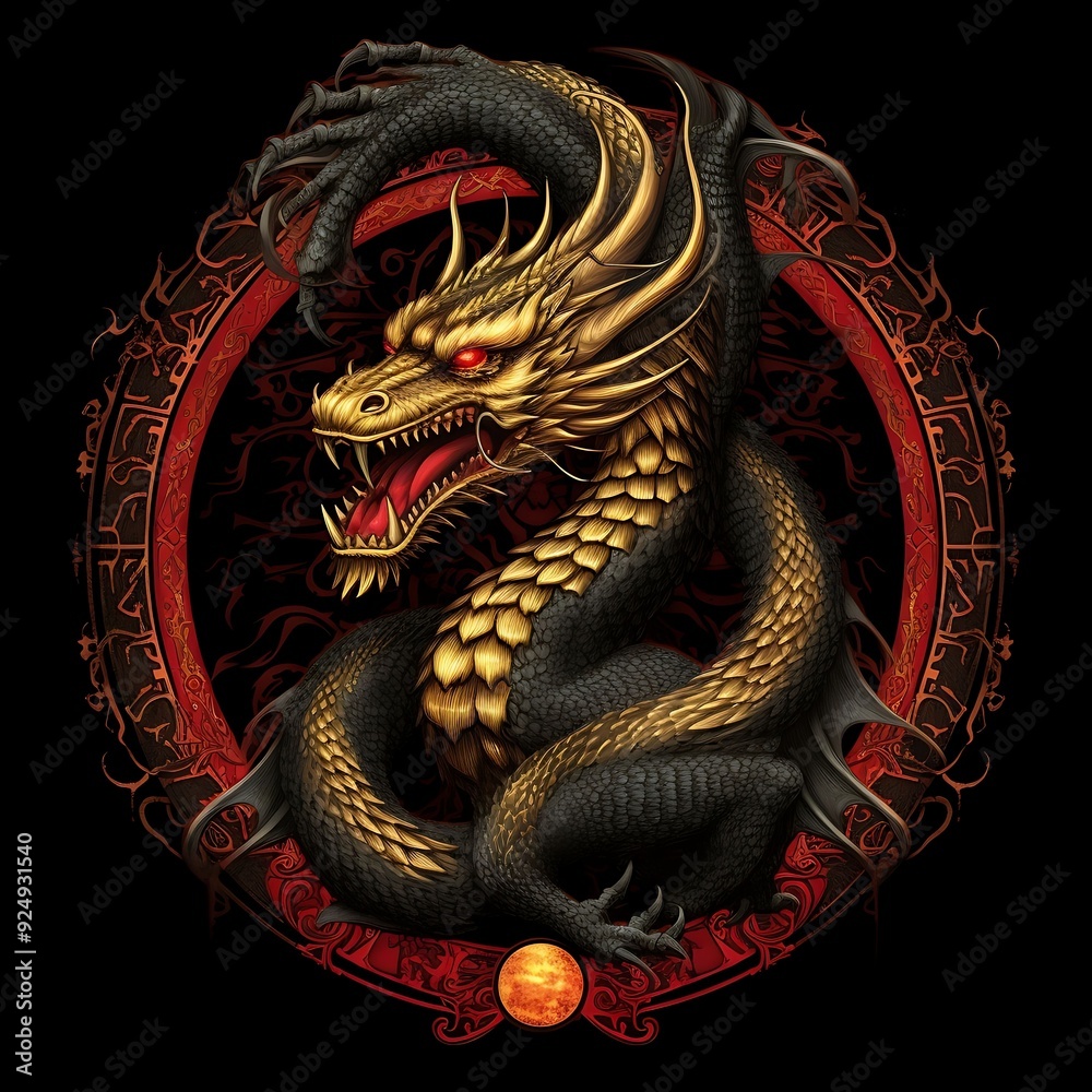Obraz premium Golden dragon twisting in a circular frame with red and black details, showcasing fierce expression and intricate design