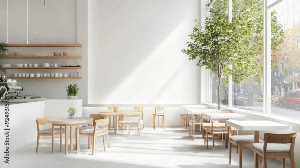 Fototapeta premium A bright cafe features wooden tables and chairs, large windows allowing ample sunlight, and a touch of greenery, creating a welcoming atmosphere.