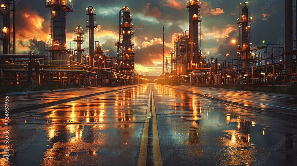 Fototapeta premium Industrial factory with complex piping networks of an oil refinery, smokestacks emitting steam
