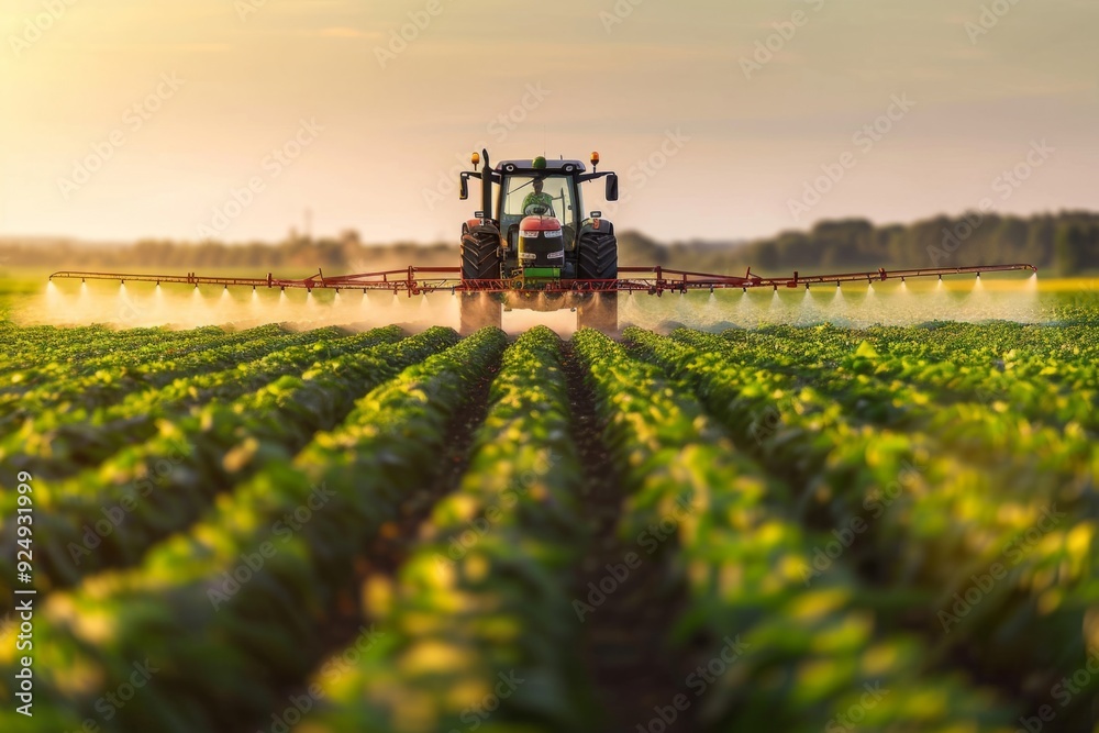 Tractor spraying pesticides on a green field during sunset. Conceptual agriculture image. Vibrant rural scene with farming machinery. Perfect for agricultural content and advertisements. Generative AI Tractor spraying pesticides on a green field during sunset. Conceptual agriculture image. Vibrant rural scene with farming machinery. Perfect for agricultural content and advertisements. Generative AI