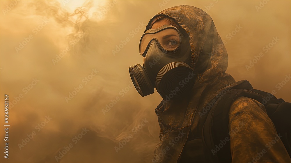 Empowered Resilience: A Striking Poster of a Woman in a Gas Mask Defying the Smoke for Dynamic Sports Interior Decor