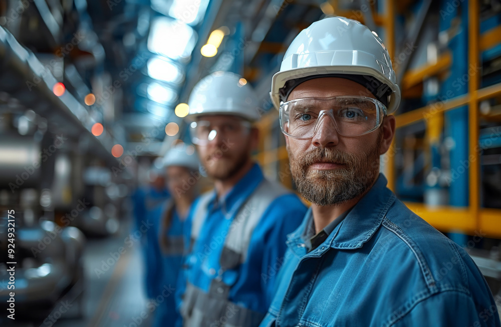 Worker uniform industrial plant, makes survey, checking equipment against background Worker uniform industrial plant, makes survey, checking equipment against background