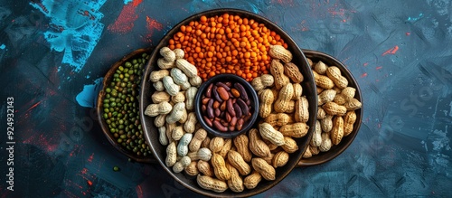 Creative food art concept featuring Bambara groundnut arranged in a circular shape with a question mark. with copy space image. Place for adding text or design