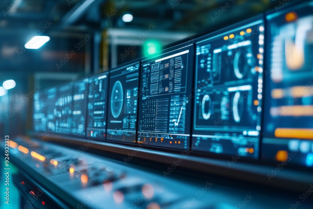 Close-up of a modern control room with multiple screens displaying data and analytics in a high-tech environment. Close-up of a modern control room with multiple screens displaying data and analytics in a high-tech environment.